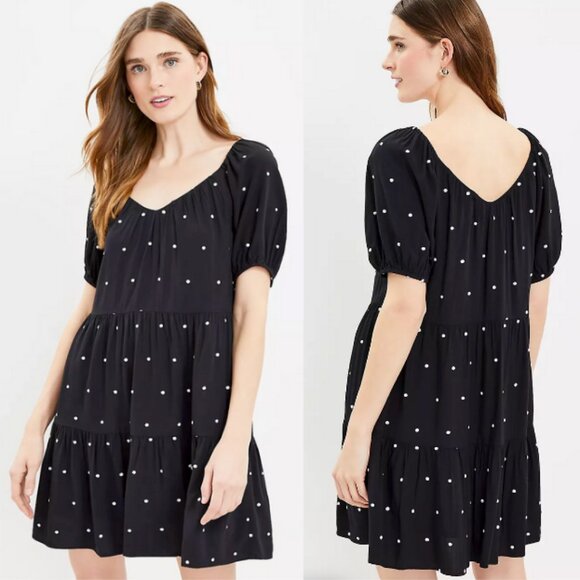 NWT ANN TAYLOR LOFT Polka Dotted Tiered Swing Mini Dress Black/White Size LP - Picture 1 of 9